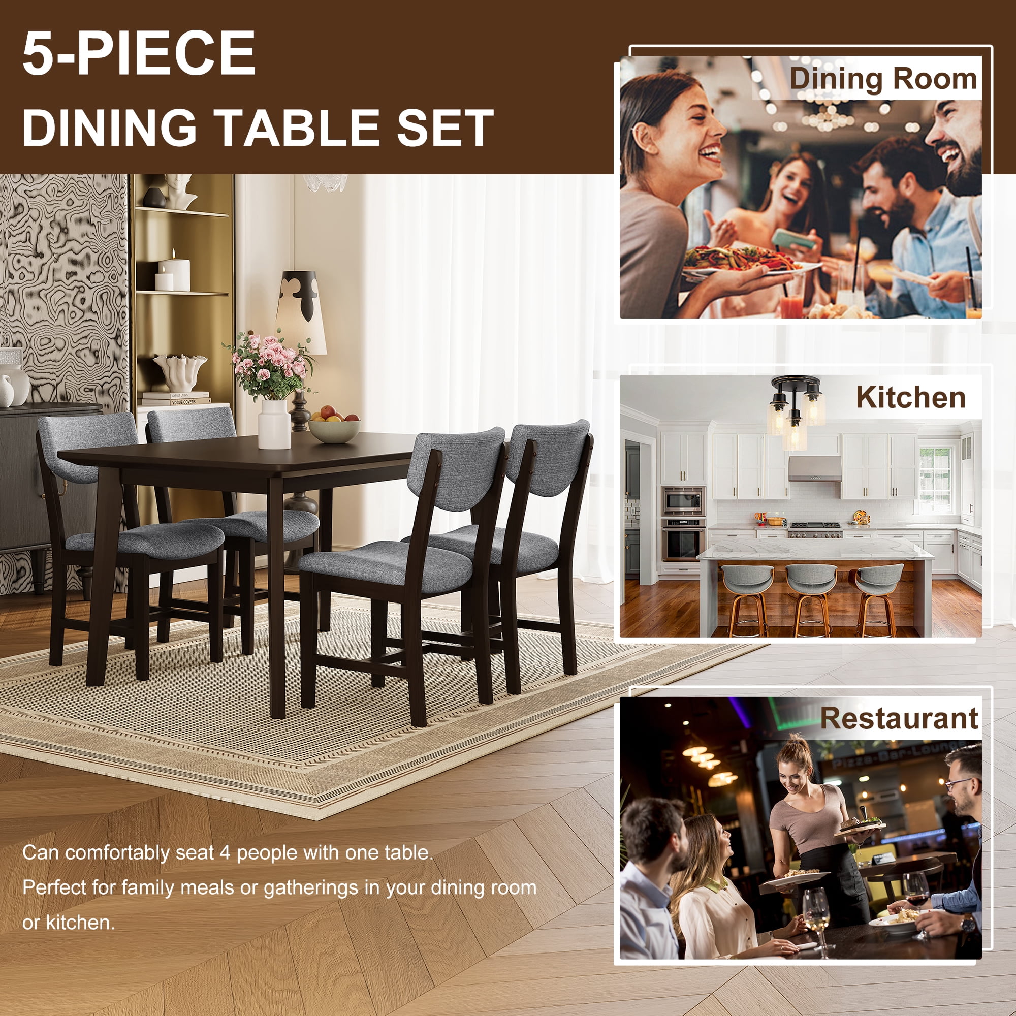 Euroco 5 Piece Dining Table Set for 4, Farmhouse Wood Kitchen Table Set with 4 Upholstered Chairs for Kitchen & Dining Room,Espresso