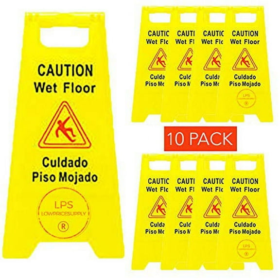 10PACK Yellow Wet Floor Signs, 2-Sided Bilingual Warning,Printed with"Cation Wet Floor" in English and Spanish