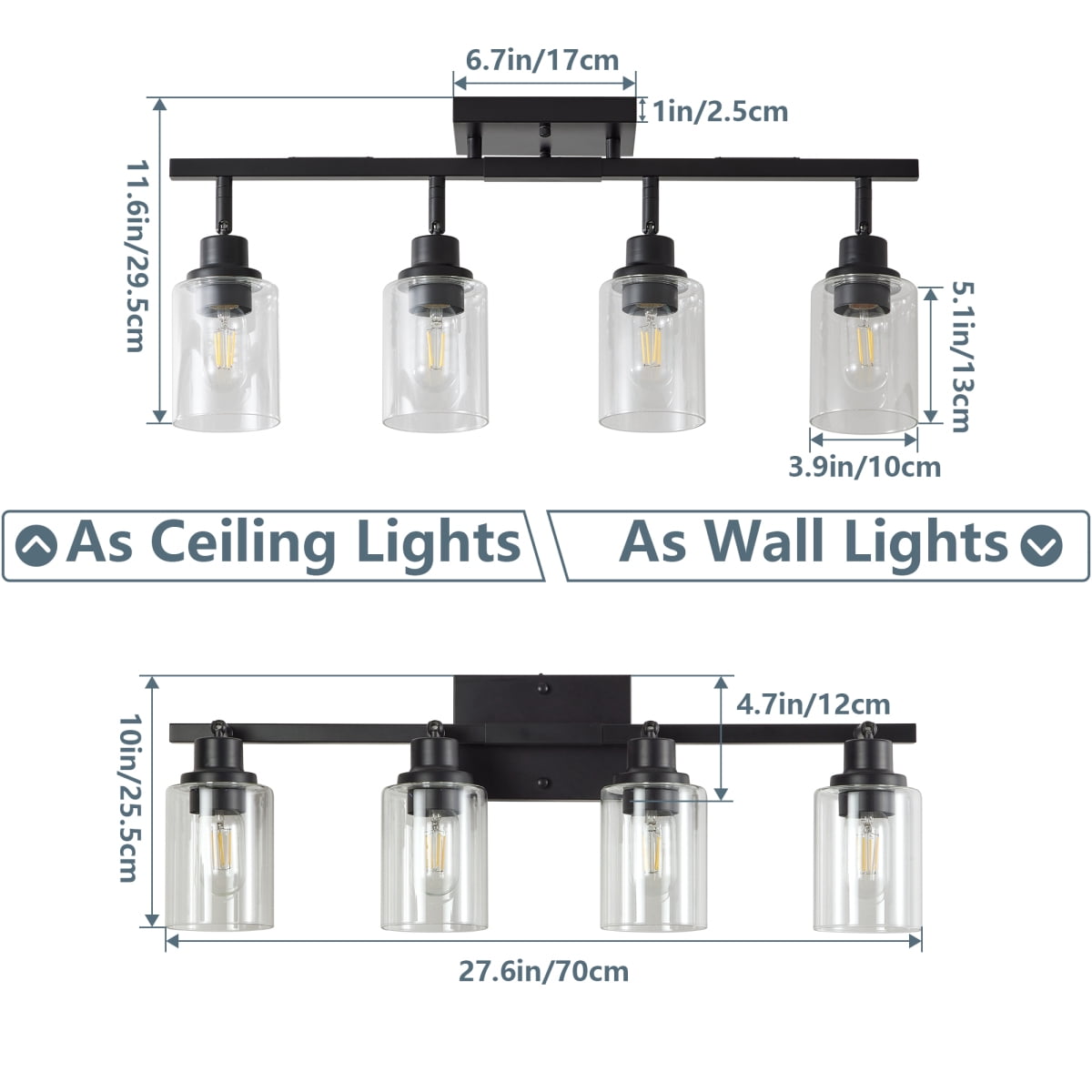 4Lights Semi Flush Mount Ceiling Light, Adjustable Kitchen Light Fixtures Ceiling Mount with Clear Glass Shades, Rotatable Black Track Lighting Fixtures for Hallway, Foyer, Bedroom(Bulb Not Included)