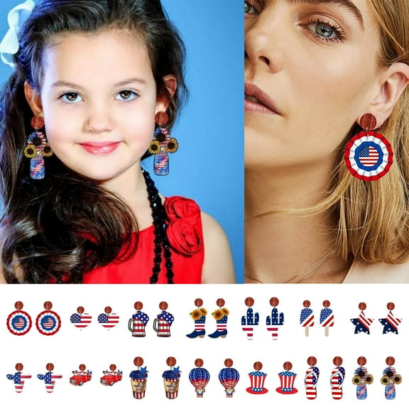 Floleo 4Th Of July American Independence Day Flag Earrings For Women Patriotic Drop Dangle Earrings Hook Earrings Fashion Wooden