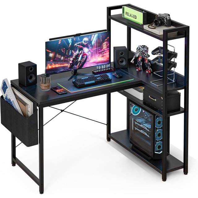 Shaped Computer Desk with Reversible Shelves Inch Small Corner Desk with Storage Bag Gaming Desk Computer Table Study Writing Table for Home Office Bedroom Small Space