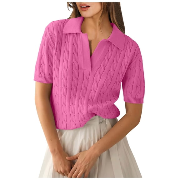 TTUHYWXI Women Short Sleeve Sweater Tops Summer V Neck Cable Knit Pullover Casual Lapel Shirts (Hot Pink, S)