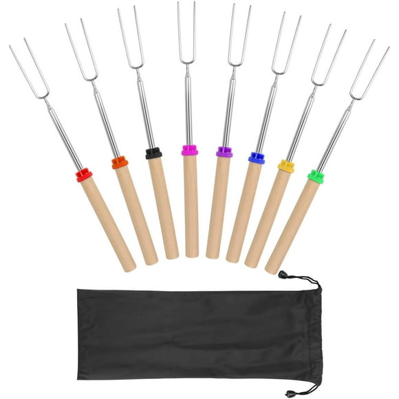 COINDIVI Marshmallow Roasting Sticks, Smores Skewers Telescoping Rotating Forks Set of 8 Hot Dog Fire Pit Outdoor Fireplace Campfire Accessories-8 Multicolored 32 Inch Extendable Steel Fork Camping