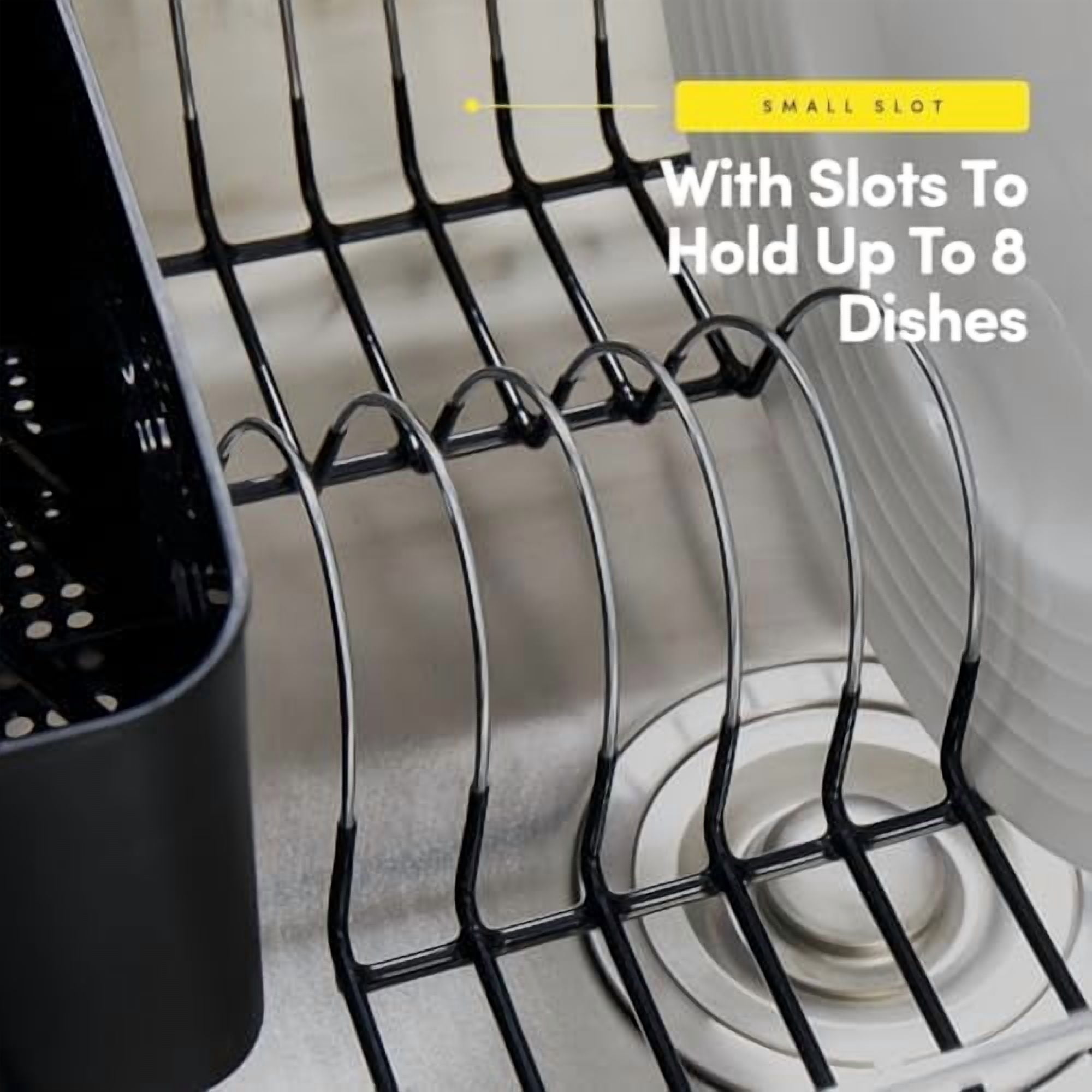 2 Piece Dish Drying Rack Set Drainer with Utensil Holder Simple Easy to Use Fits in Most Sinks, 14.5" x 13" x 5.25", Black