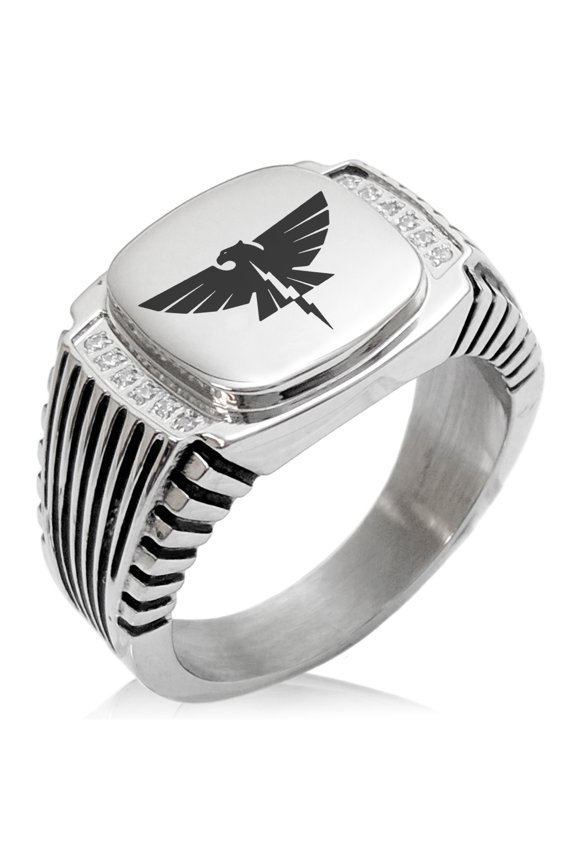 Stainless Steel Zeus Greek God of Sky CZ Ribbed Needle Stripe Pattern Biker Style Polished Ring