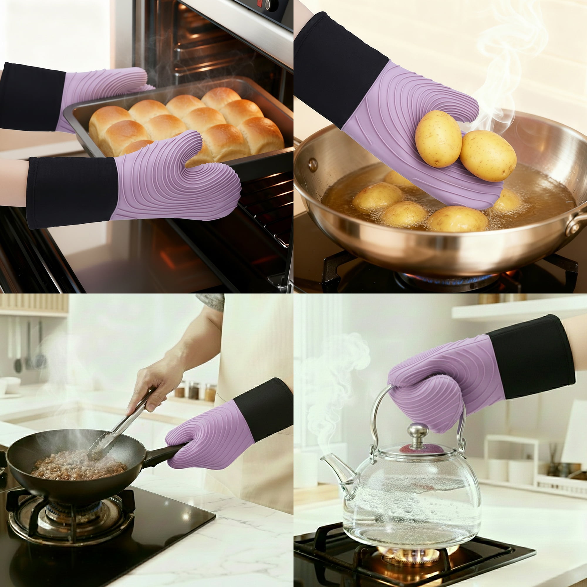 Unique Bargains Cotton Oven Mitts Heat-Resistant Cooking Gloves Purple 13.4x7.1inch