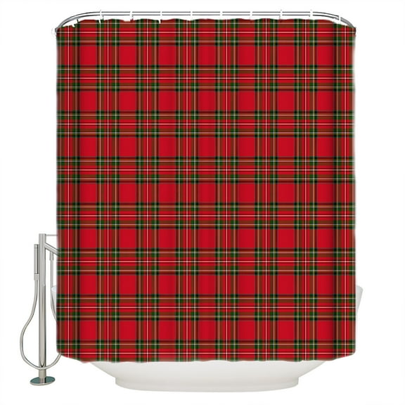 Christmas Red Shower Curtain, 48" x 72", and Green Buffalo Plaid Waterproof Bathroom Curtain Washable Shower Curtain Set with 12 Hooks