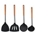 thumbnail image 1 of Utensilios de cocina de silicona negros, juego de cuchara espátula de cocina para el hogar, espátula con mango de madera, cuchara para setos, juego de cocina para sopa, 4 Uds., 1 of 5