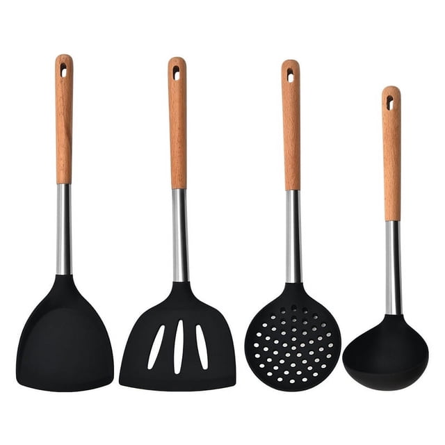 Utensilios de cocina de silicona negros, juego de cuchara espátula de cocina para el hogar, espátula con mango de madera, cuchara para setos, juego de cocina para sopa, 4 Uds.