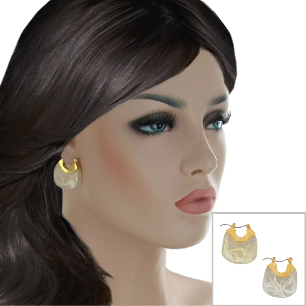 Rounded Edge Square Clear Lucite Marbled White Pierced Earrings Snap Down Ladies Adult Female Women