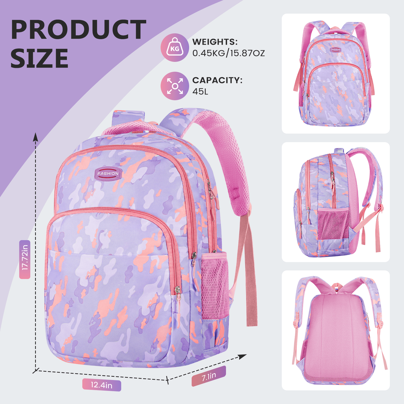 School Backpack Travel Bag for Men Women School Bag with Front Zip Pocket Waterproof Lightweight Primary Students Bookbags for Girls Boys School Bag Bookbags Adjustable Padded Mesh Straps 18 Inch Walm...