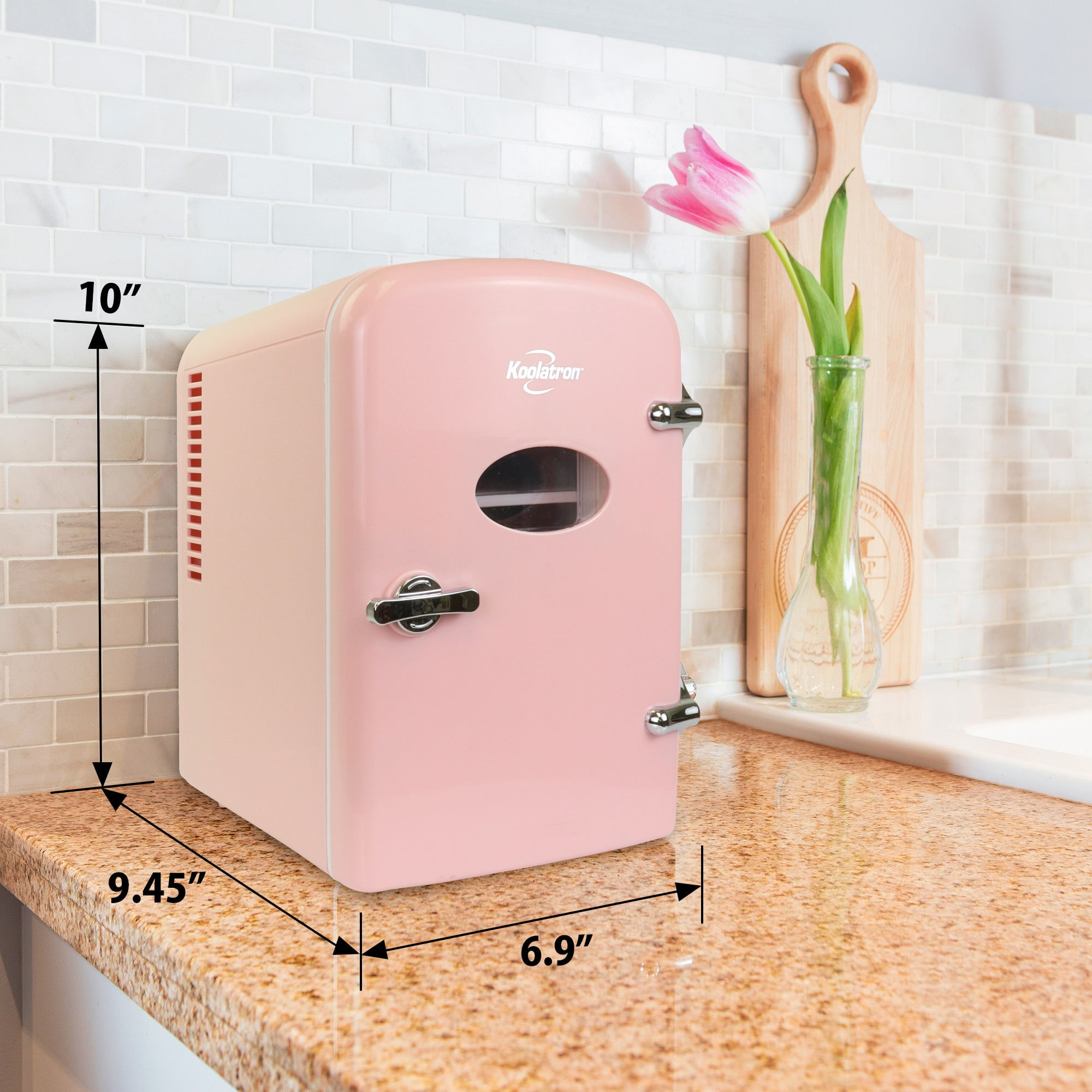 Koolatron Retro Mini Portable Fridge, 4L Compact Refrigerator for Skincare, Beauty Serum, Face Mask, Personal Cooler, Includes 12V and AC Cords, Desktop Accessory for Home Office Dorm Travel, Pink