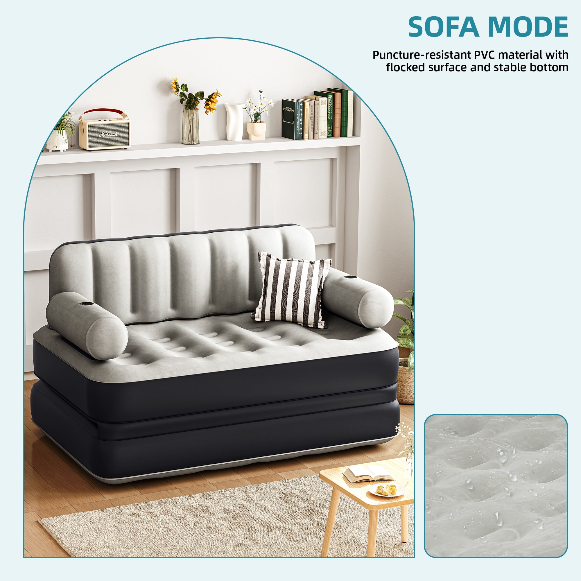 Uforic Queen Size Air Mattress with Built-in Air Pump, Black Bed Skirt and Gray Top Including Repair Kit and Storage Bag, Supports Inflation/Deflation