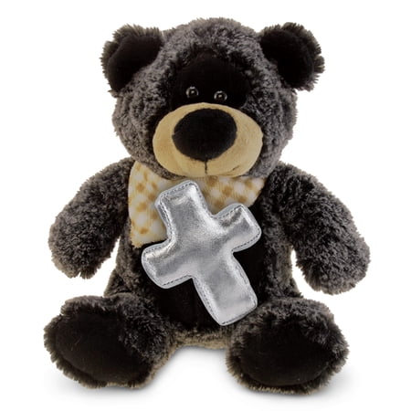 DolliBu Sitting Black Bear Stuffed Animal with Silver Cross Plush - Religious Baby Baptism Gifts for Boys and Girls Christening Gifts Plush Prayer Toy Healing Teddy Bear - 9 Inches
