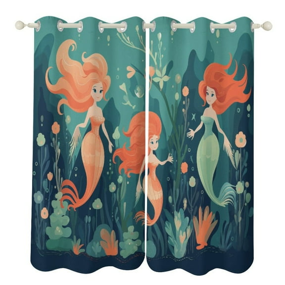 Mermaid Colorful Ocean World 2 Panel Curtain Set, Watercolor Painting Window Treatment Living Room Bedroom Decor