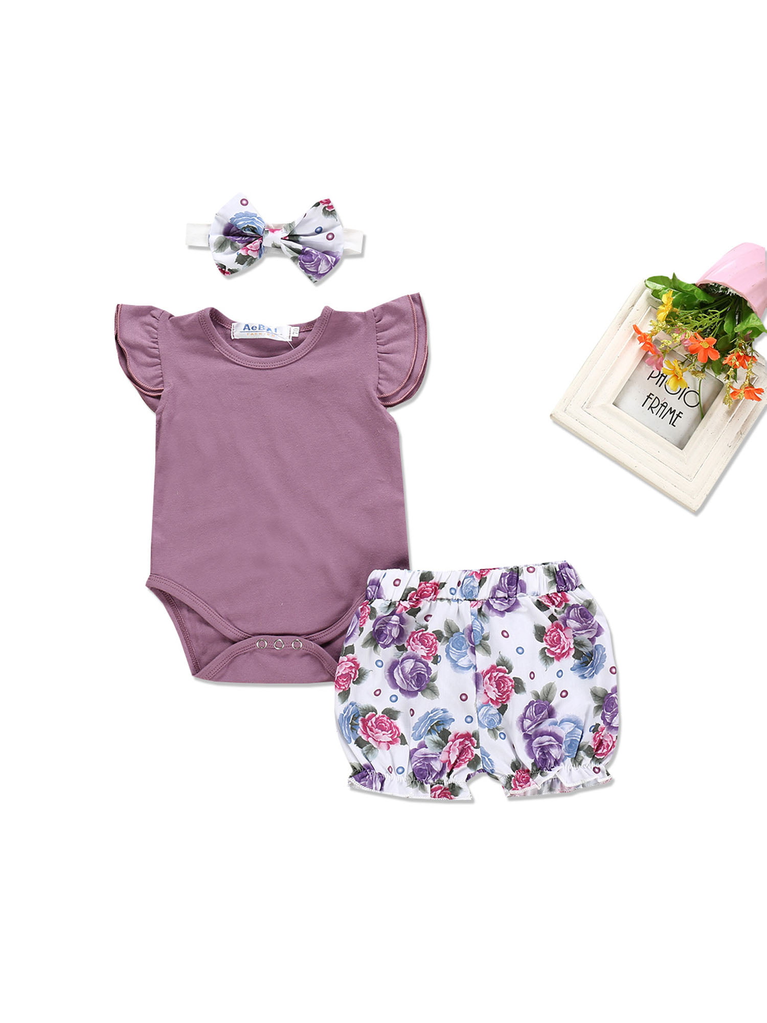 PatPat 3-piece Baby / Toddler Ruffled Bodysuit, Floral Shorts and Headband Set