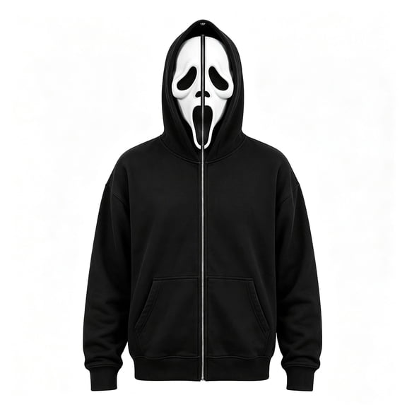 Halloween Ghost Mask Full Zip Hoodie, Black Pocketed Long Sleeve Sweatshirt Costume Outerwear for Men Women