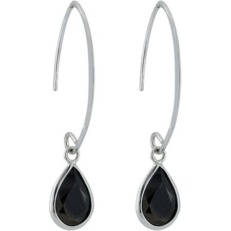 Black CZ Rhodium over Sterling Silver Pear Bezel Set 1-1/2" Drop Earrings