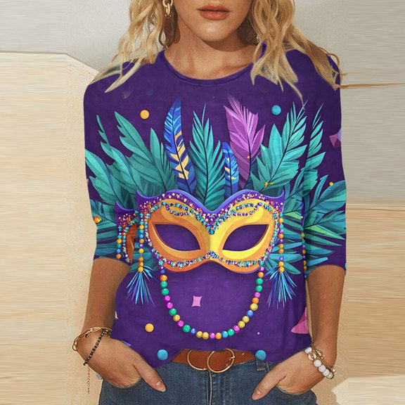Cavosen Carnival Shirts for Women 3/4 Sleeve Mardi Gras Mask Graphic Print Shirts Round Neck Party Festival Blouse Comfy Trendy Holiday Tops Dressy Party Funny Tees Vacation 3XL
