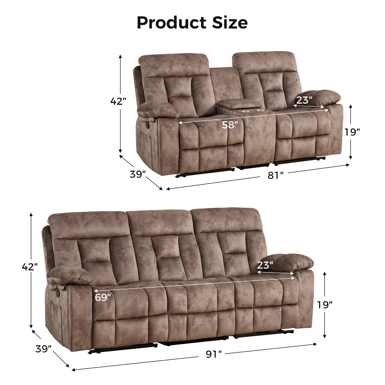 Bonzy Home 2-Piece Recliner Sofa Set — Reclining Loveseat & Extra-Wide 3-Seat Bonded Fabric Sofa, Camel