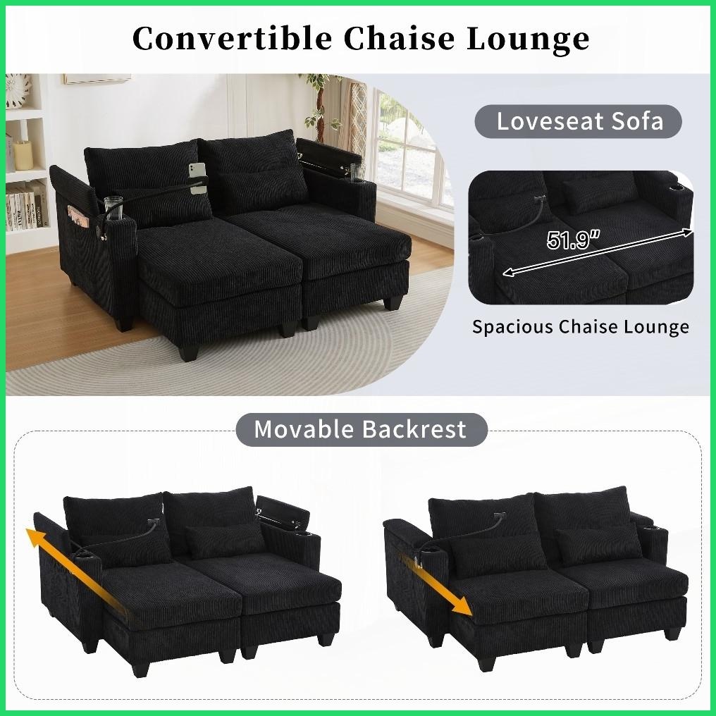 63” Convertible Corduroy Loveseat Sofa Bed with USB Ports & Cup Holders – Modern Compact Design for Living Room/Bedroom, Black