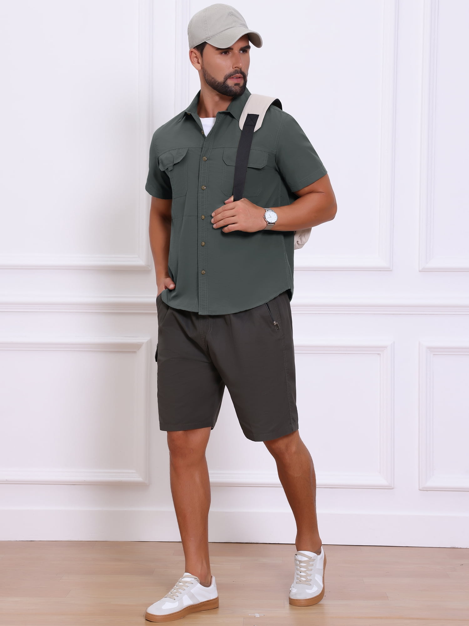 DARING DIVA Men's Solid Cargo Short Sleeve Button Down Utility Shirts M Gray