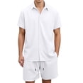 thumbnail image 2 of Men 2 Piece Outfit Solid Short Sleeve Button Shirt and Drawstring Shorts Summer Casual Set White S, 2 of 7