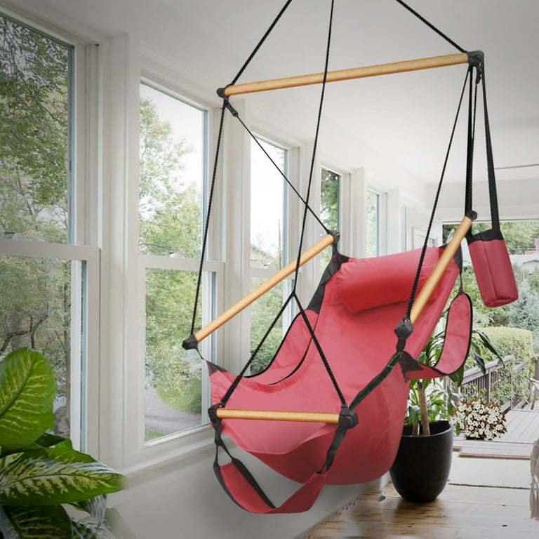 Hanging Hammock Air Chair Swing Lounger Red Footrest Armrest Pillow Boho Canvas Hamic Chairs For Outside Outdoor Indoor Patio Porch Upgraded 350lbs Solid Wooden Dowels Portable Bag Walmart