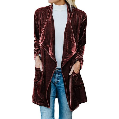 Open Trench - ZXZY Women Long Sleeve Open Front Classic Velvet Trench Coat Cardigan