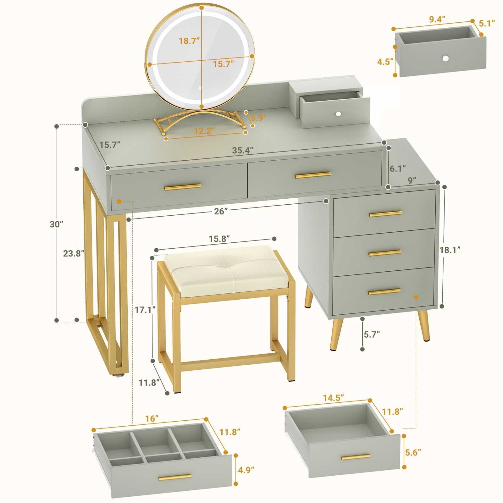 Homieasy Vanity Desk with Mirror and Lights, Modern Makeup Vanity Table Set with 6 Storage Drawers and Cushioned Stool for Bedroom, Dressing Table with Divided Organizers for Women, Cyan