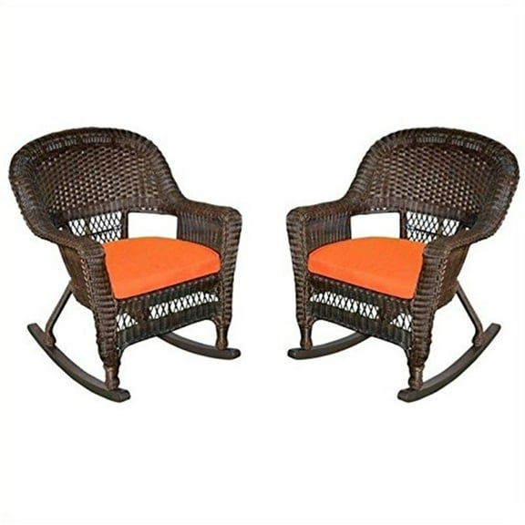 Jeco Black Rocker Wicker Chair with Orange Cushion - Set of 2-Finish:Espresso