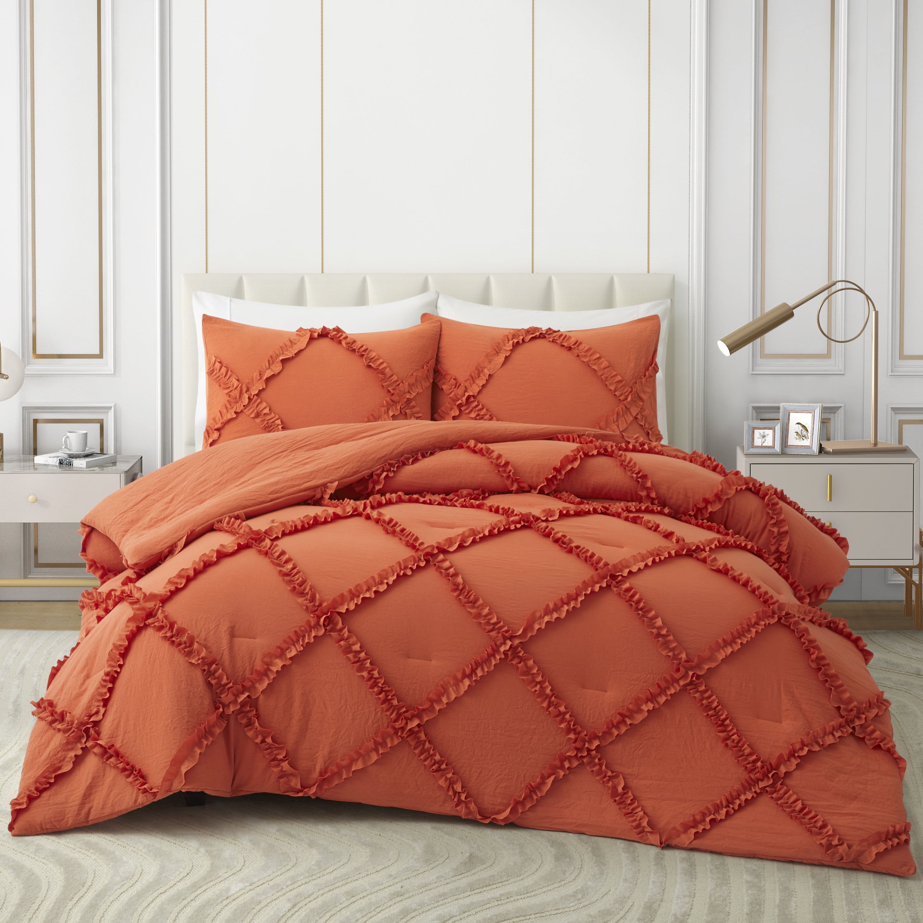 Comforter Set King Size Bedding – 3 Piece Farmhouse Bedding Set Cover Ruffle & Lightweight Comforter and Pillow Case Vintage Bedding for Bedroom as Home Bed Set Boho Chic Comforter for Luxury Comfort