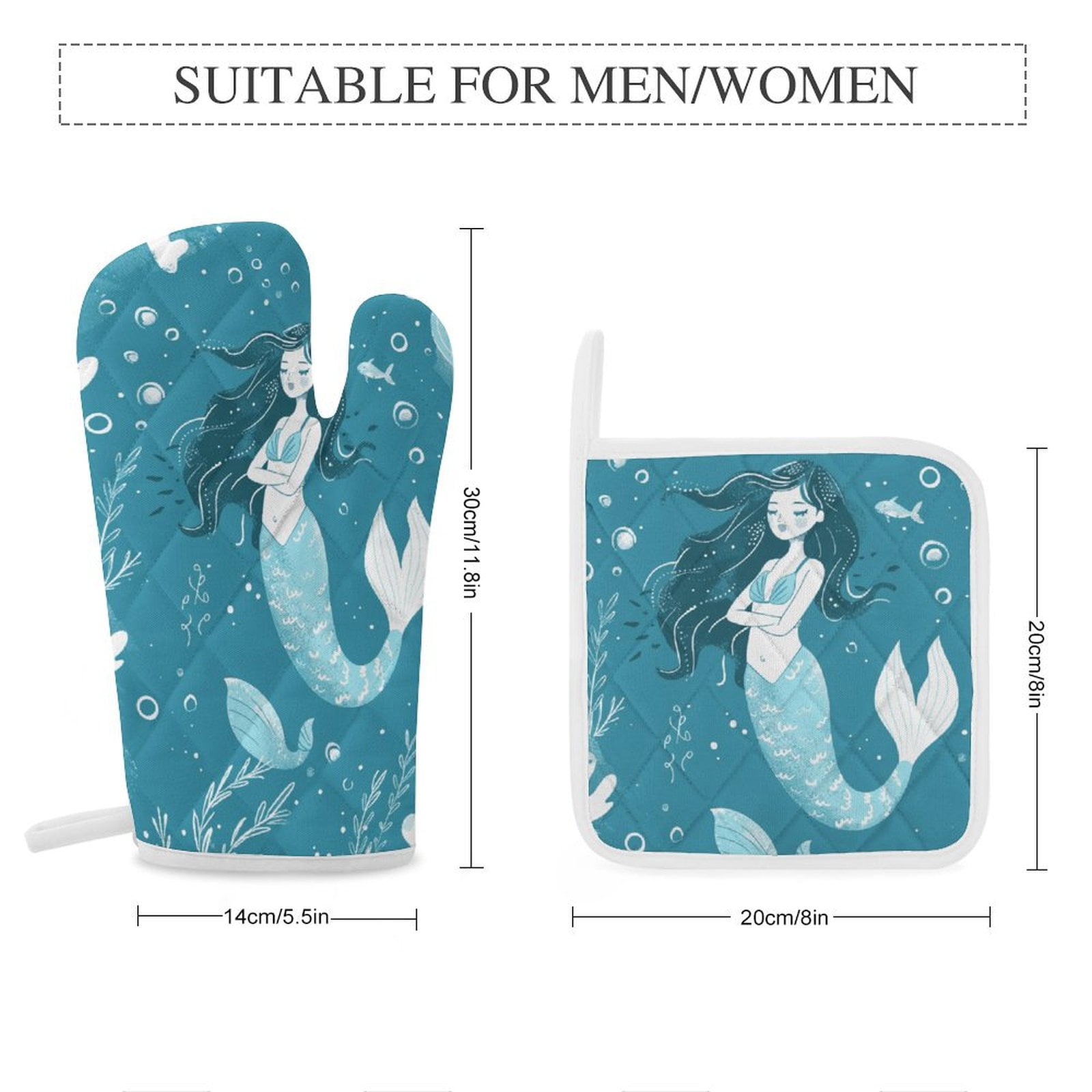 Ocean Cute Mermaid Heat Resistant Microwave Oven Gloves Set for BBQ Baking Grilling,Baking Gifts Cooks for Women,Housewarming Gifts for New Home