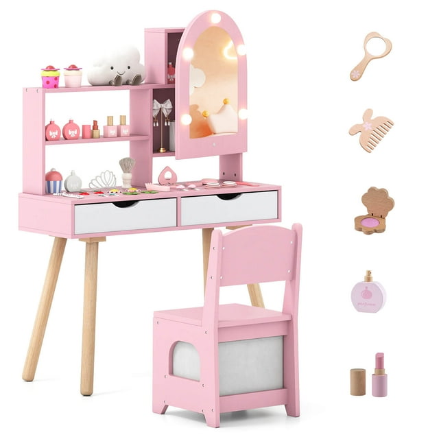 Costway Coiffeuse pour Enfants avec 3 Modes d'Éclairage, Luminosité Réglable, Armoire Miroir Rose