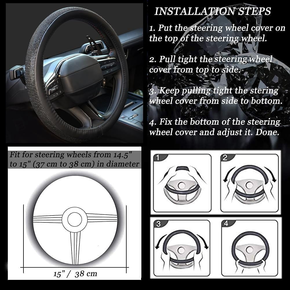 New Diamond Leather Steering Wheel Cover with Bling Bling Crystal Rhinestones, Universal Fit 15 Inch Car Wheel Protector for Women Girls,Black Diamond