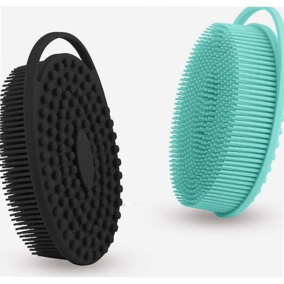 Soft Silicone Body Scrubber 2 PCS Silicone Body Shower, Silicone Loofah 2 in 1 Bath and Shampoo Brush, Body Scrubber Shower Cleaning Exfoliating Use for Sensitive Skin, Lather Well(Black and Green)