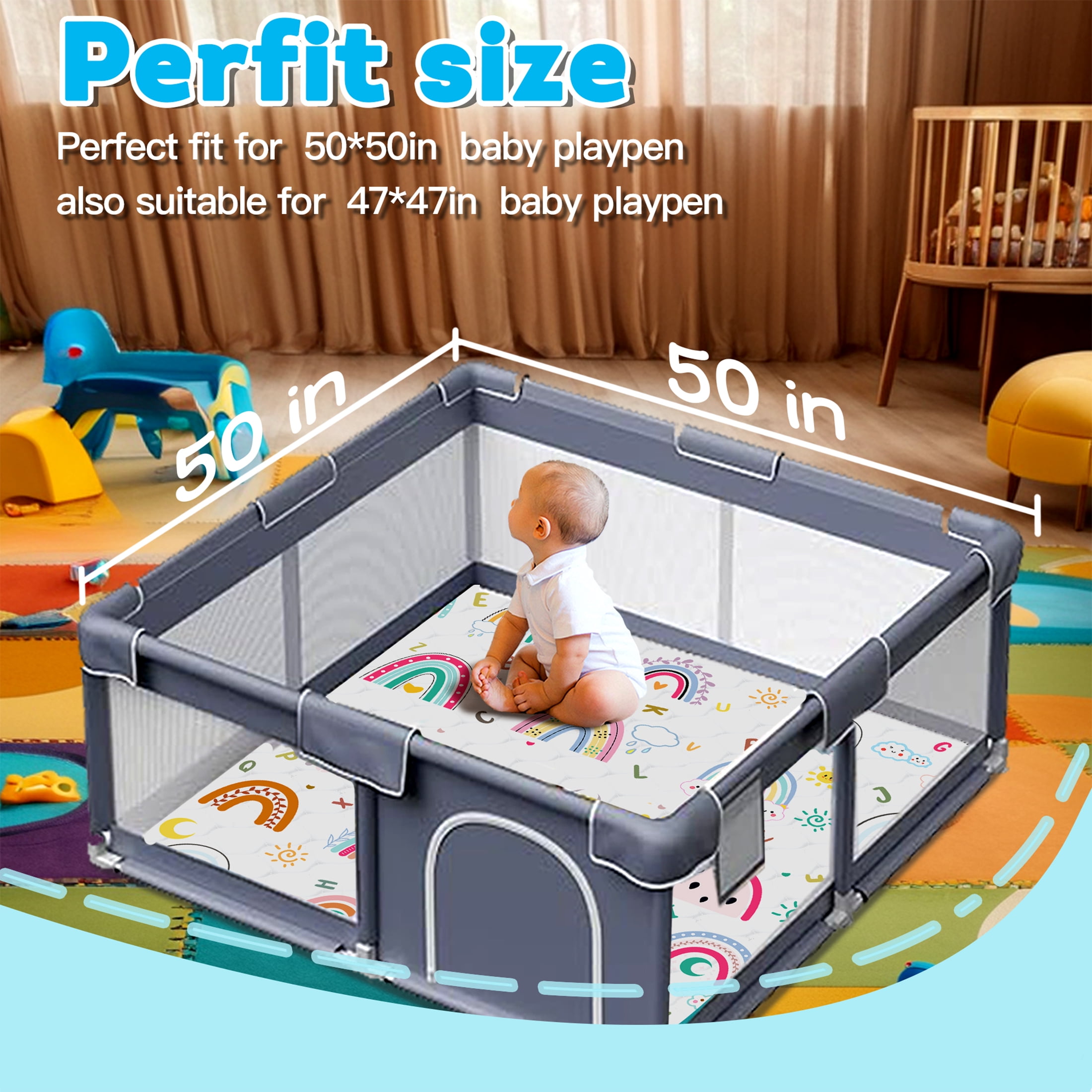 FUGWU Baby Play Mat for Floor, Fits 50x50 Playpen,Machine Washable, Non-Slip & Soft Crawling Mat for Infants (Rainbow)