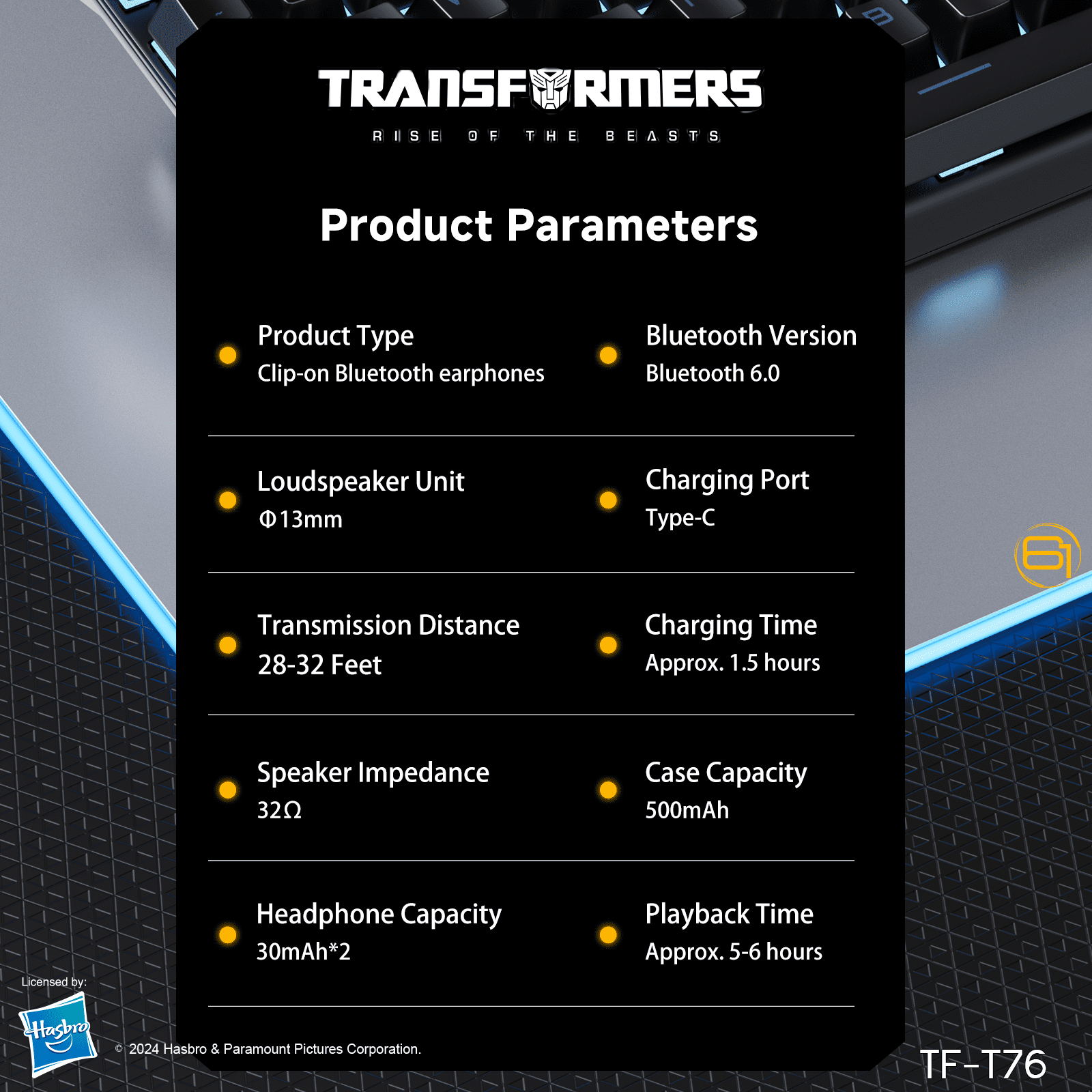 Transformers TF-T76 True Wireless Bluetooth 6.0 Earbuds with Mic, Mecha Zinc Alloy Armor Case, Low-Latency Game/Music Modes, Hi-Fi 13mm Drivers, HD Calling, 40H Total Playtime - Bumblebee Yellow