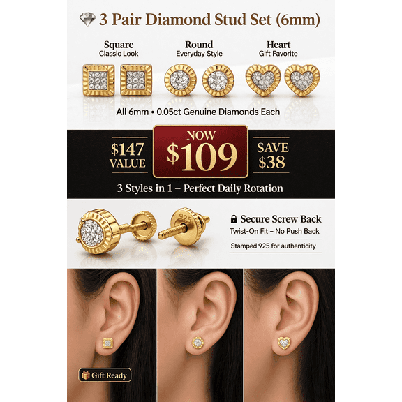 3 Pair Diamond Stud Earrings Set 6mm – 925 Sterling Silver Screw Back (Round Square Heart)