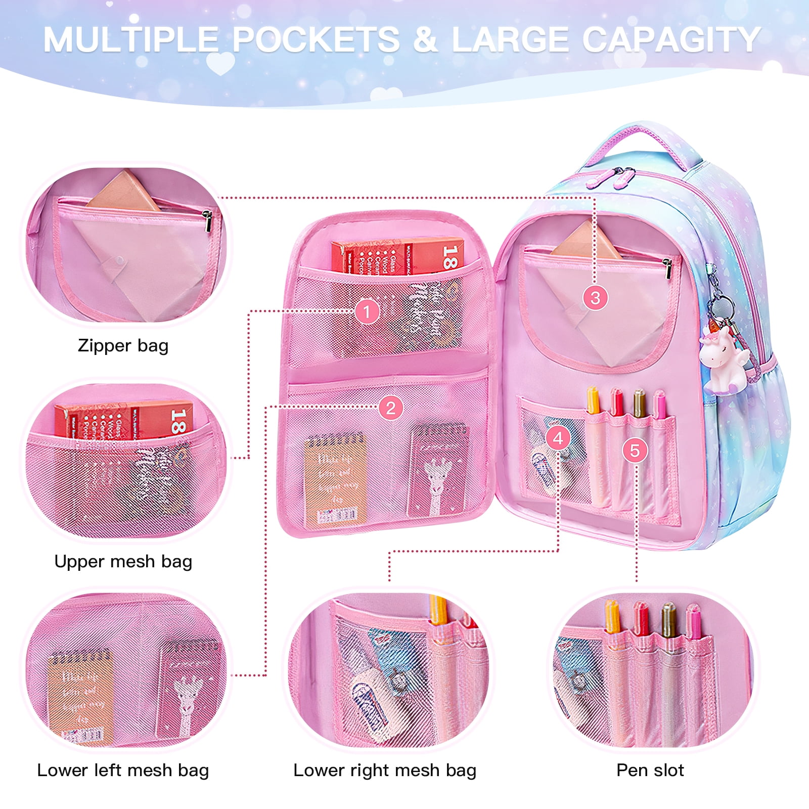 Kadyn Girls Backpack, Waterproof Princess School Backpacks for Teen Girl Kid Students, Cute Book Bag with Compartments and Lunch Bag, Blue Kadyn Girls Backpack, Waterproof Princess School Backpacks for Teen Girl Kid Students, Cute Book Bag with Compartments and Lunch Bag, Blue