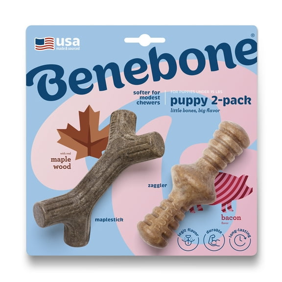 Benebone Puppy 2-Pack Maplestick/Zaggler Durable Dog Chew Toys for Gentle Chewers, Real Bacon, Real Maplewood, Tiny