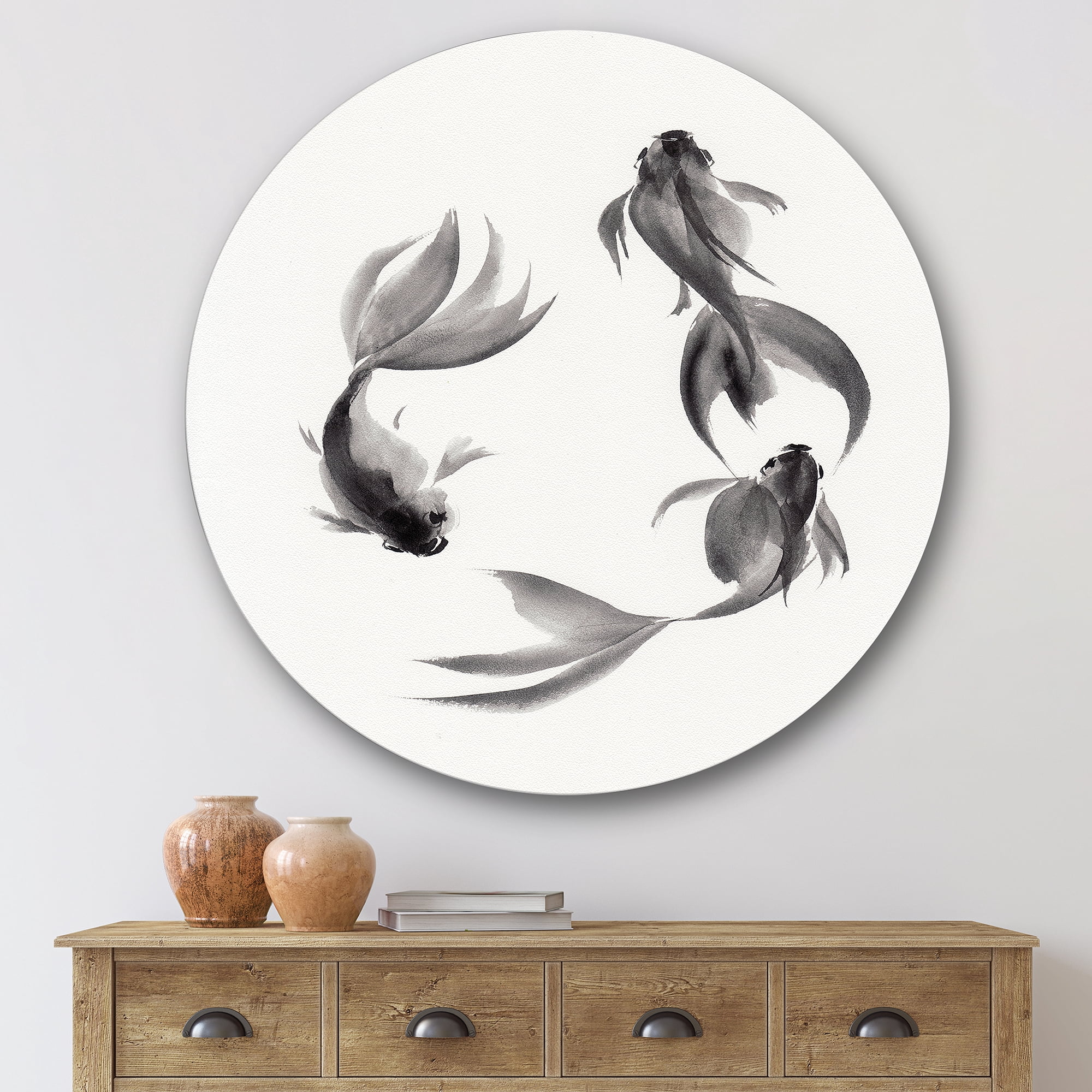 Designart 'Black and White Vintage Fish III' Nautical & Coastal Circle Metal Wall Art 29x29 - Disc of 29