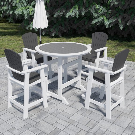 5 Pieces Outdoor High Top Table and Chairs Set Patio Bar Height Table Chairs Set for 4, Tall Adirondack Bar Sets, HDPE Outdoor Furniture White&Grey
