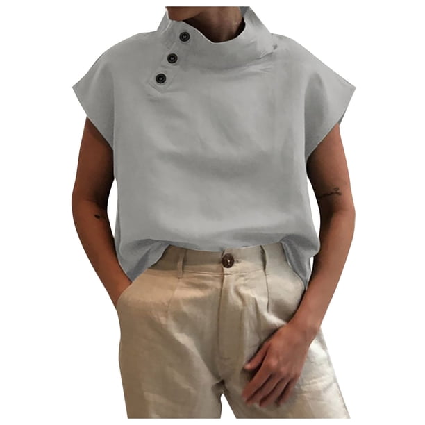 Camisa de algodón holgada informal de manga corta con botones abiertos informales de manga corta para mujer OAVQHLG3B Store lin121212