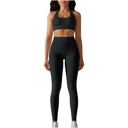 Abomasnow Workout Sets for Women 2 Piece Seamless Gym Athletic Yoga Outfits Halter Neck Backless Sports Bra High Waist Butt Lifter Leggings