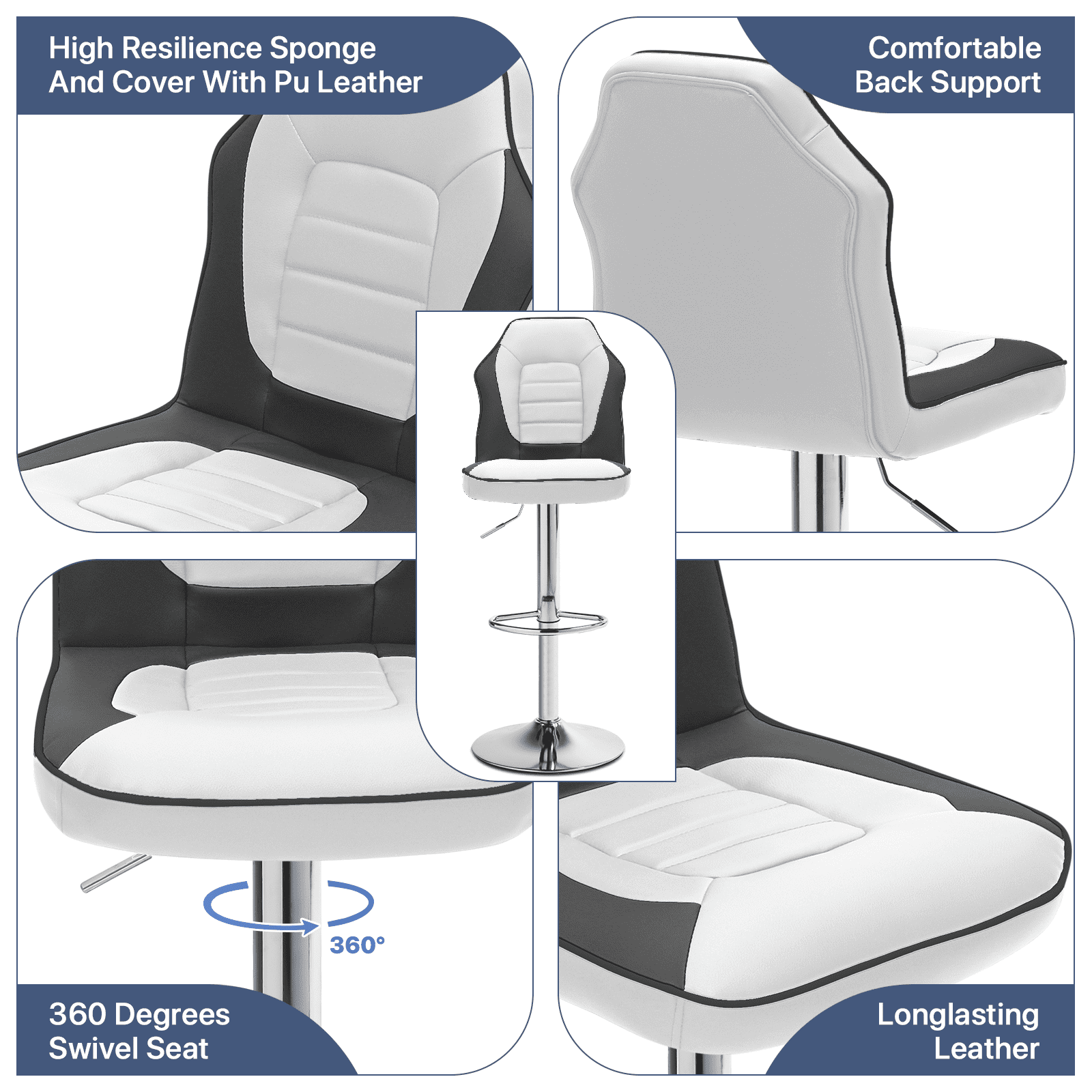 OSM 2-Pack Racing Style Bar Stools, Adjustable Height Swivel Gaming Chairs with High Back, Footrest & PU Leather, for Kitchen Island, Home Pub, White/Black