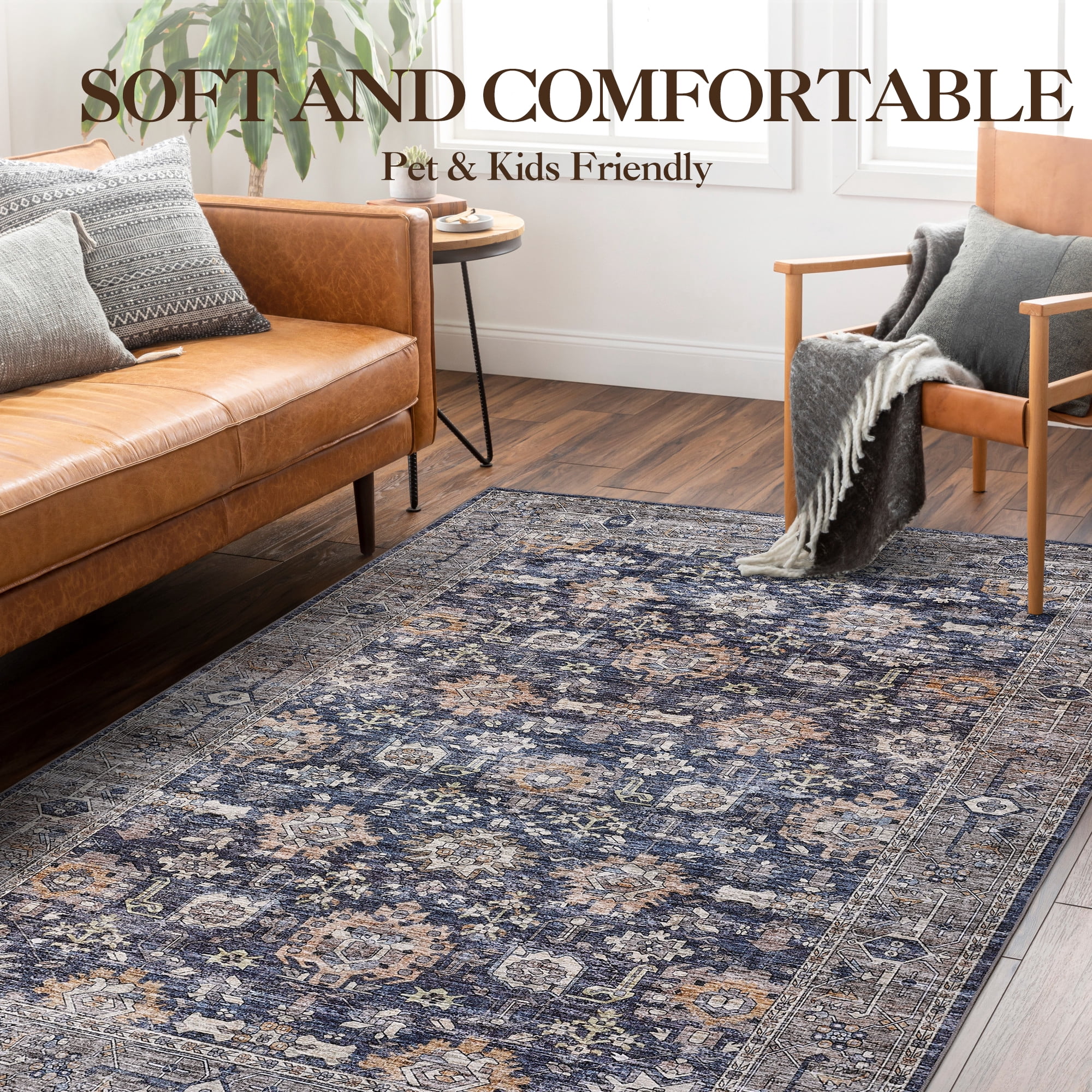 FairOnly 9'x12' Blue Boho Floral Area Rugs for Living Room Low Pile Non Shedding Rugs for Family Room Nursery Carpet