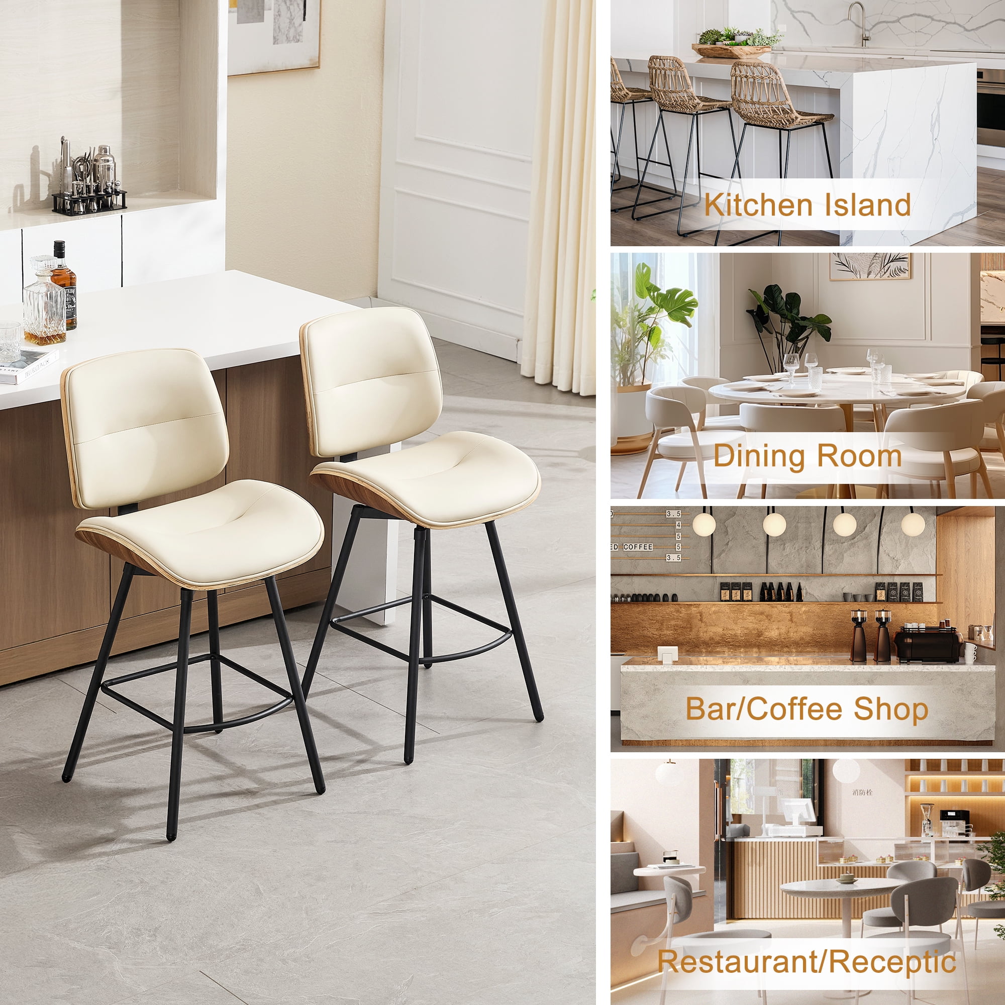 Counter Height Bar Stools Set of 4, 26" Swivel PU Leather Upholstered Bar Stools with Walnut Backs and Metal Legs, Retro Counter Stools for Kitchen Island, Dining Room, Pub, Beige