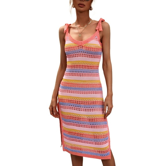 Arvbitana Women Crochet Dress Sleeveless Tie Shoulder Straps Colorful Rainbow Striped Knit Midi Dress Summer Beach Tank Sundress