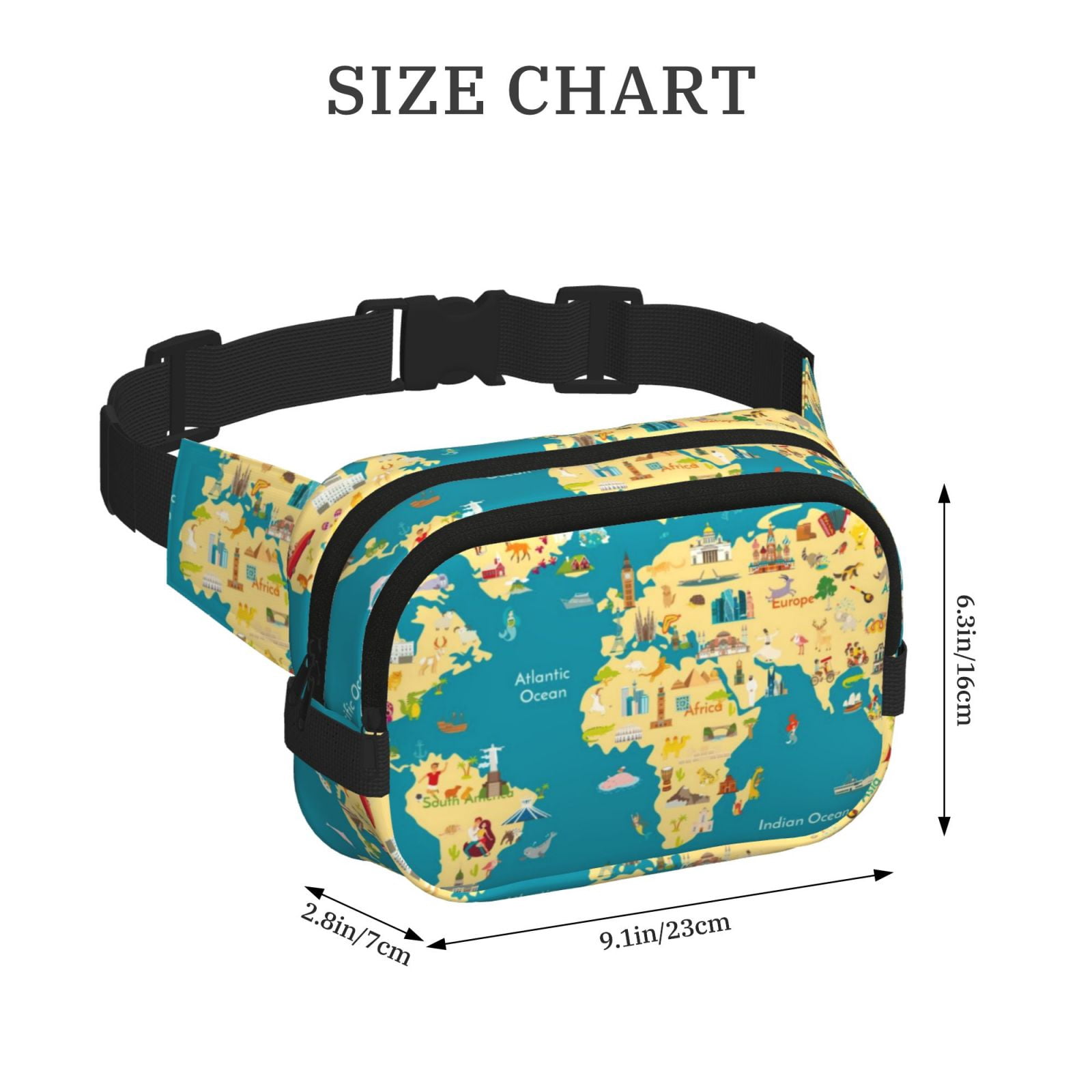 Picia World Map With Landmarks Print Square Double-Layer Waist Bag Mini Adjustable Waist Belt Bag Exercise Running Travel Hiking